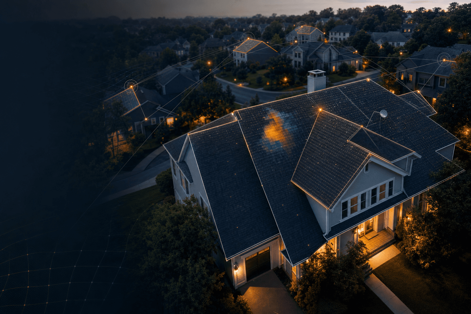 Aerial view of residential roofs with Roof Hunter intelligence signals