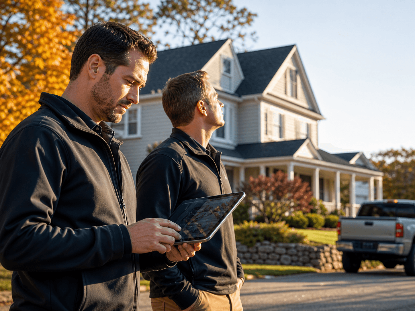 Roofing sales professionals using field intelligence at a residential property